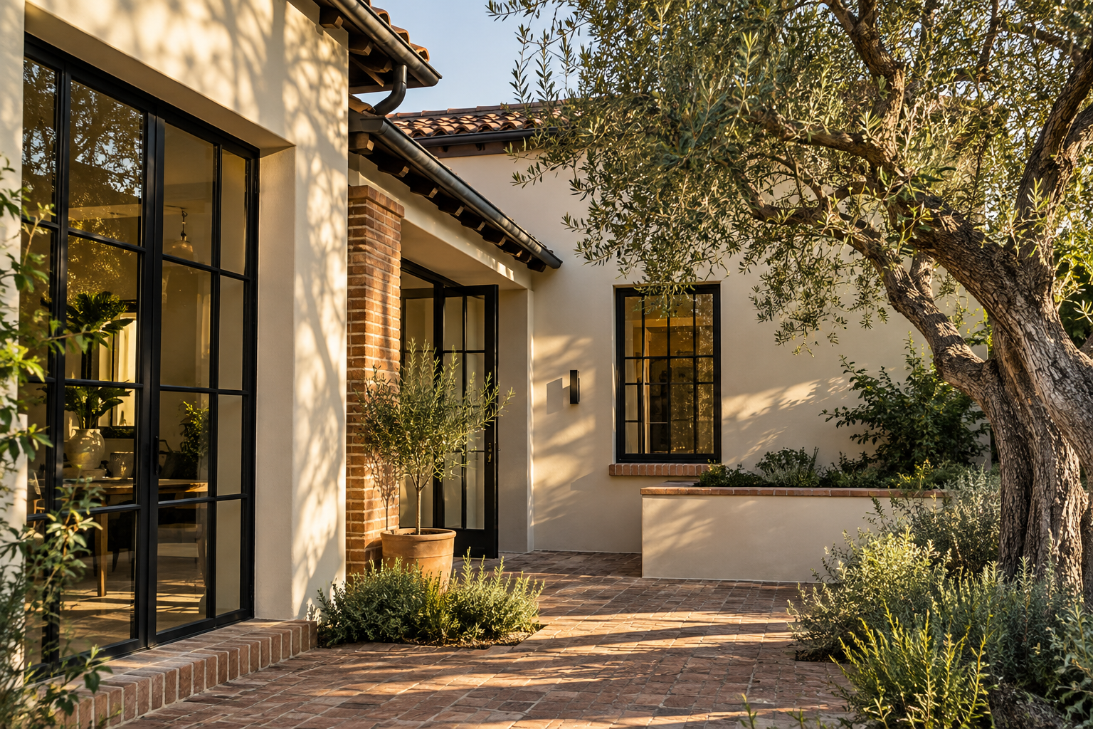Illustrative renovated courtyard with warm plaster, steel windows and planting